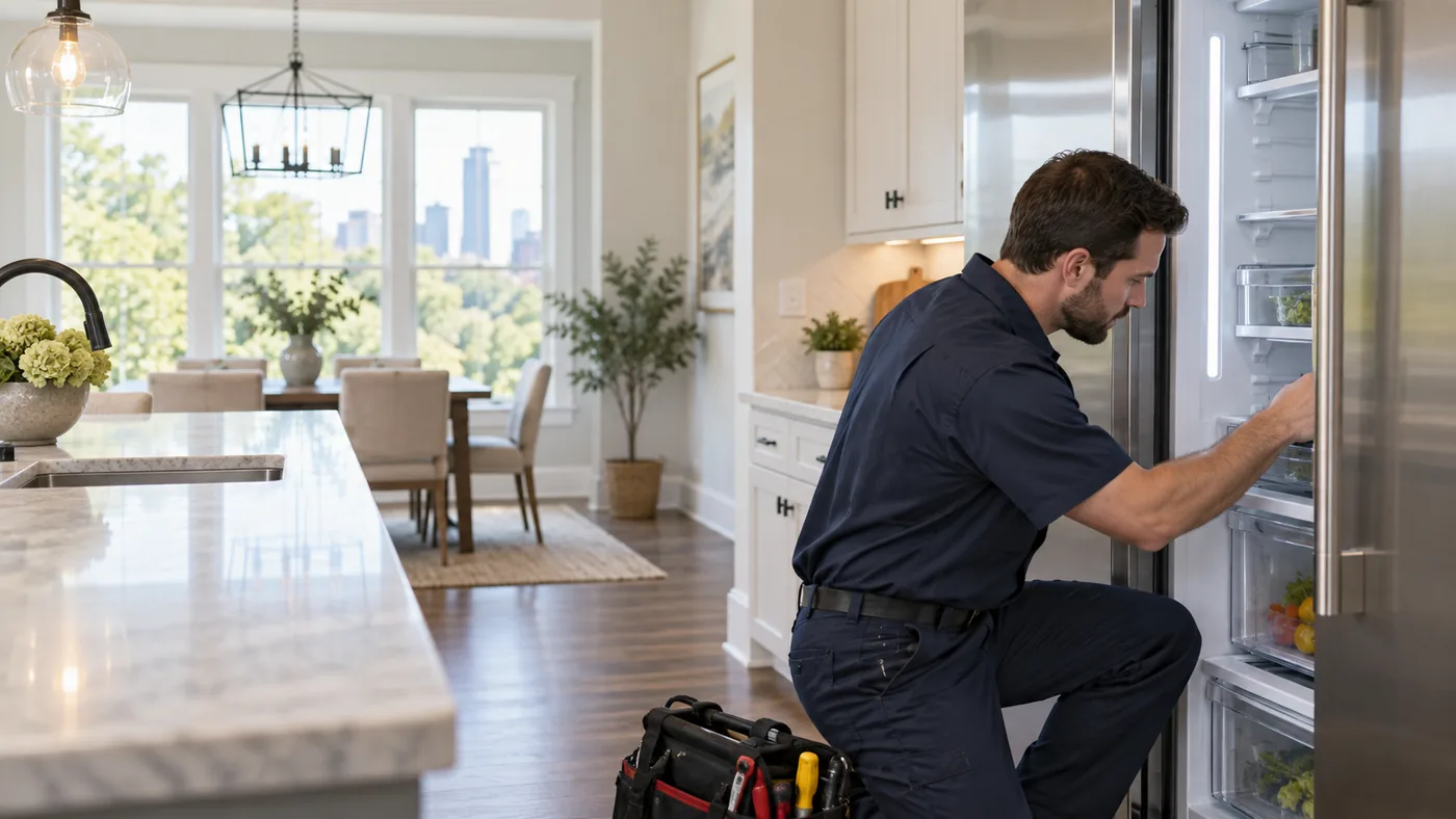 Illustrative image of a technician servicing a refrigerator; the person shown is not an A1 Appliance Rescue employee.